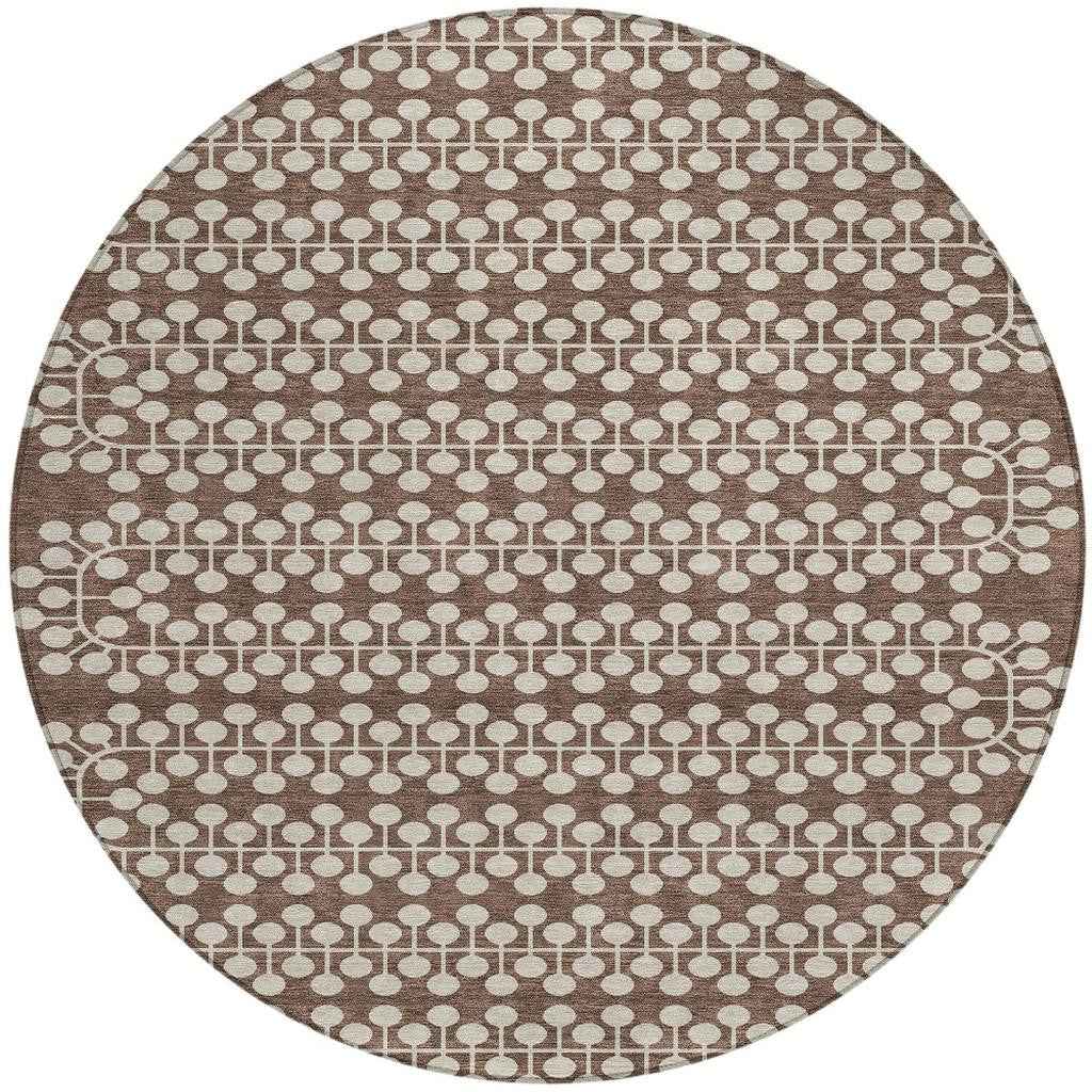 8' Brown And Ivory Round Geometric Washable Indoor Outdoor Area Rug