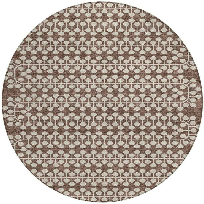 8' Brown And Ivory Round Geometric Washable Indoor Outdoor Area Rug