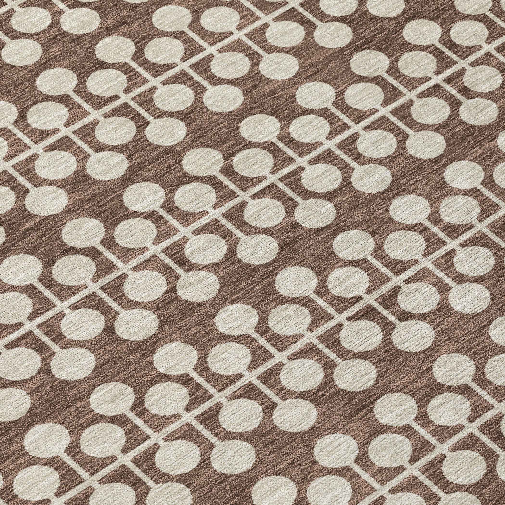 8' Brown And Ivory Round Geometric Washable Indoor Outdoor Area Rug