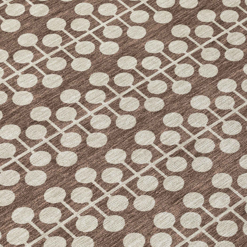 8' Brown And Ivory Round Geometric Washable Indoor Outdoor Area Rug