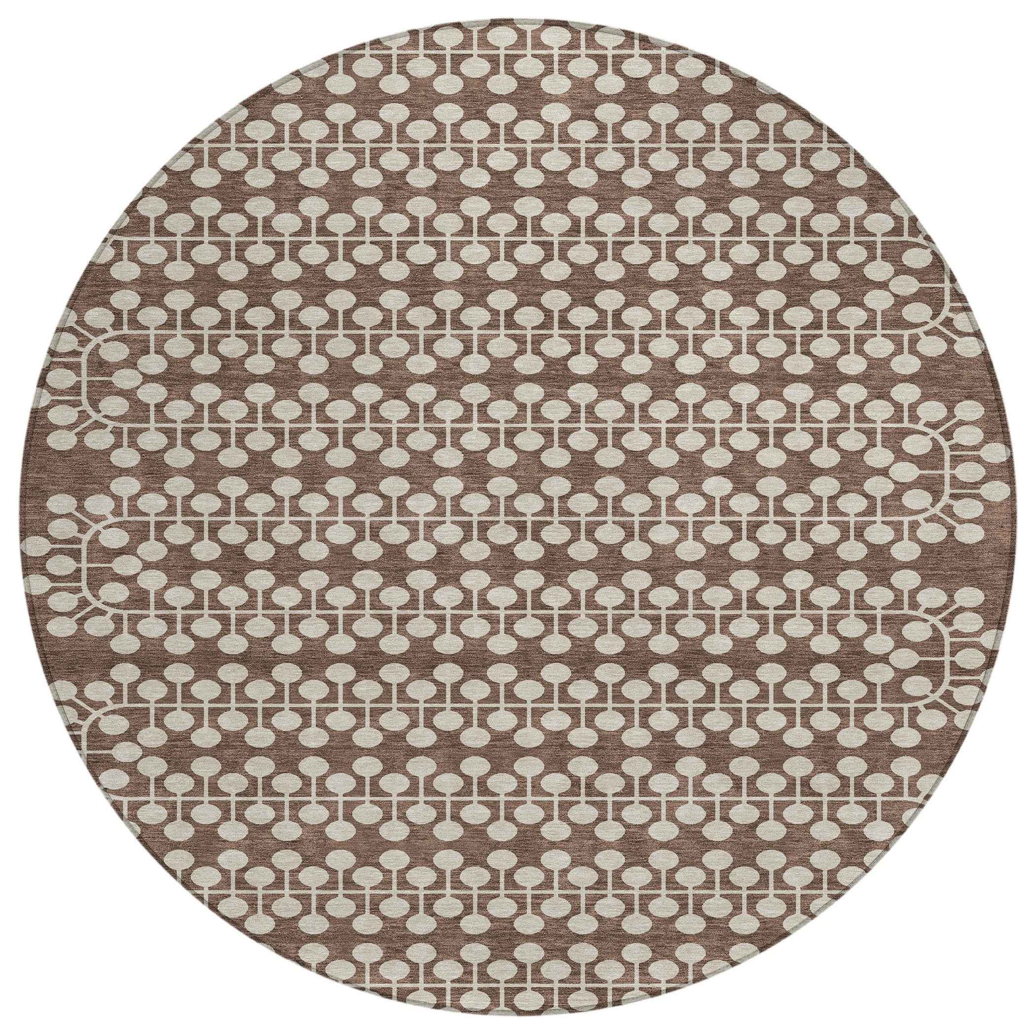 8' Brown And Ivory Round Geometric Washable Indoor Outdoor Area Rug