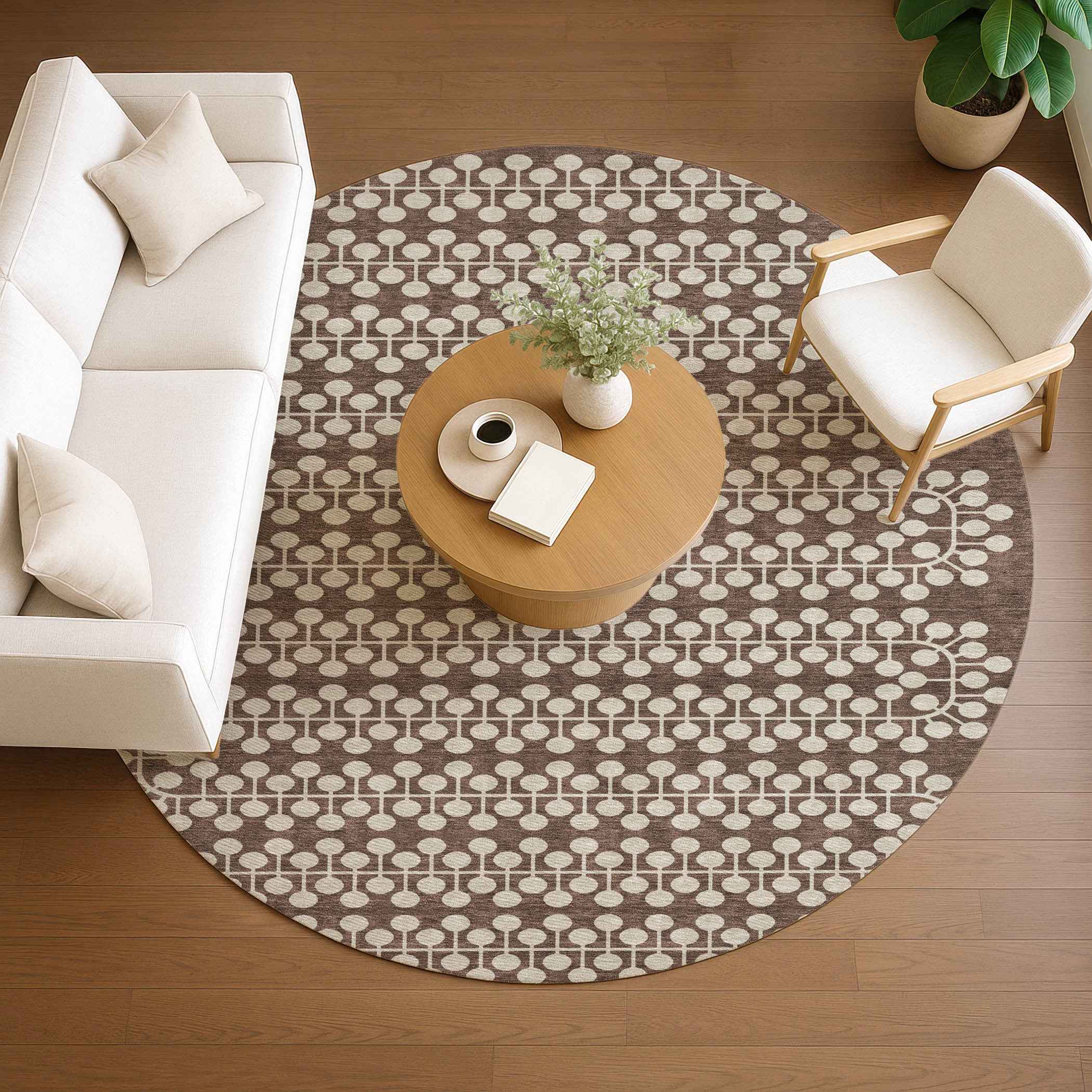 8' Brown And Ivory Round Geometric Washable Indoor Outdoor Area Rug