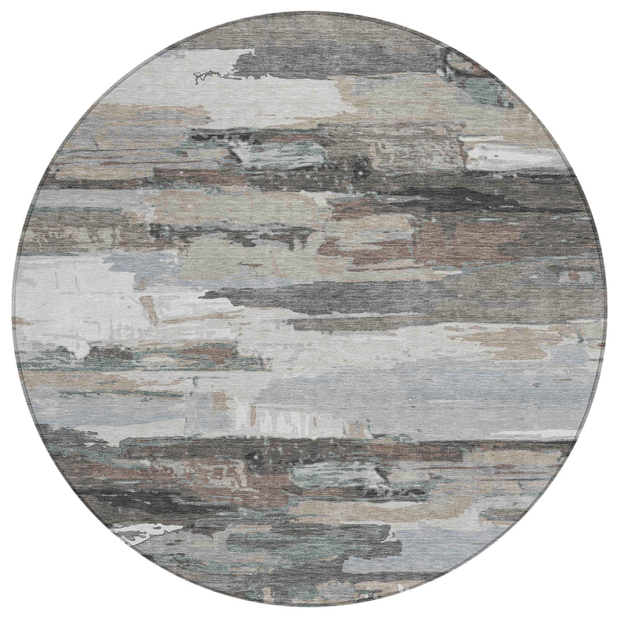 8' Taupe Gray And Silver Round Abstract Washable Indoor Outdoor Area Rug