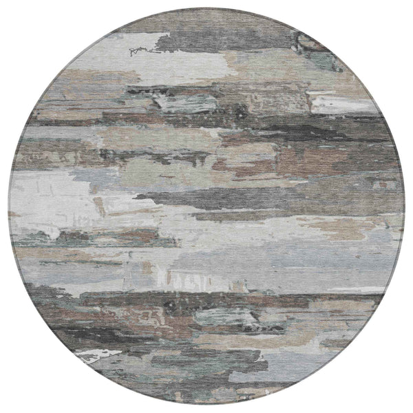 8' Taupe Gray And Silver Round Abstract Washable Indoor Outdoor Area Rug