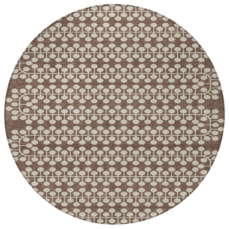 8' Brown And Ivory Round Geometric Washable Indoor Outdoor Area Rug