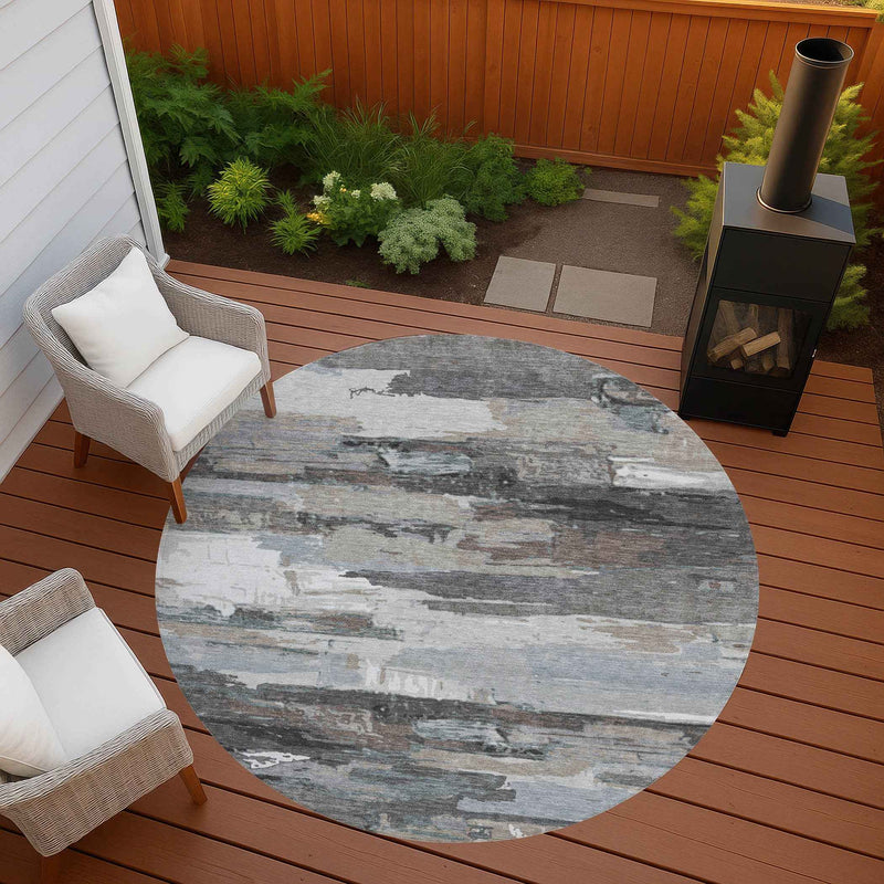 8' Taupe Gray And Silver Round Abstract Washable Indoor Outdoor Area Rug