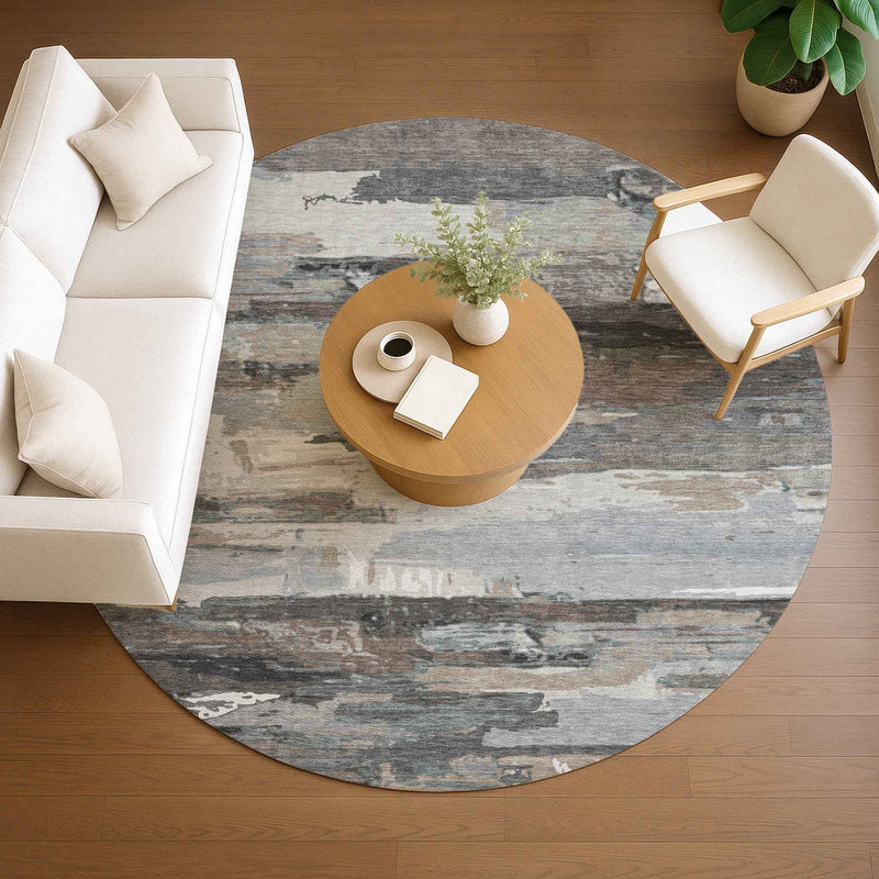 8' Taupe Gray And Silver Round Abstract Washable Indoor Outdoor Area Rug