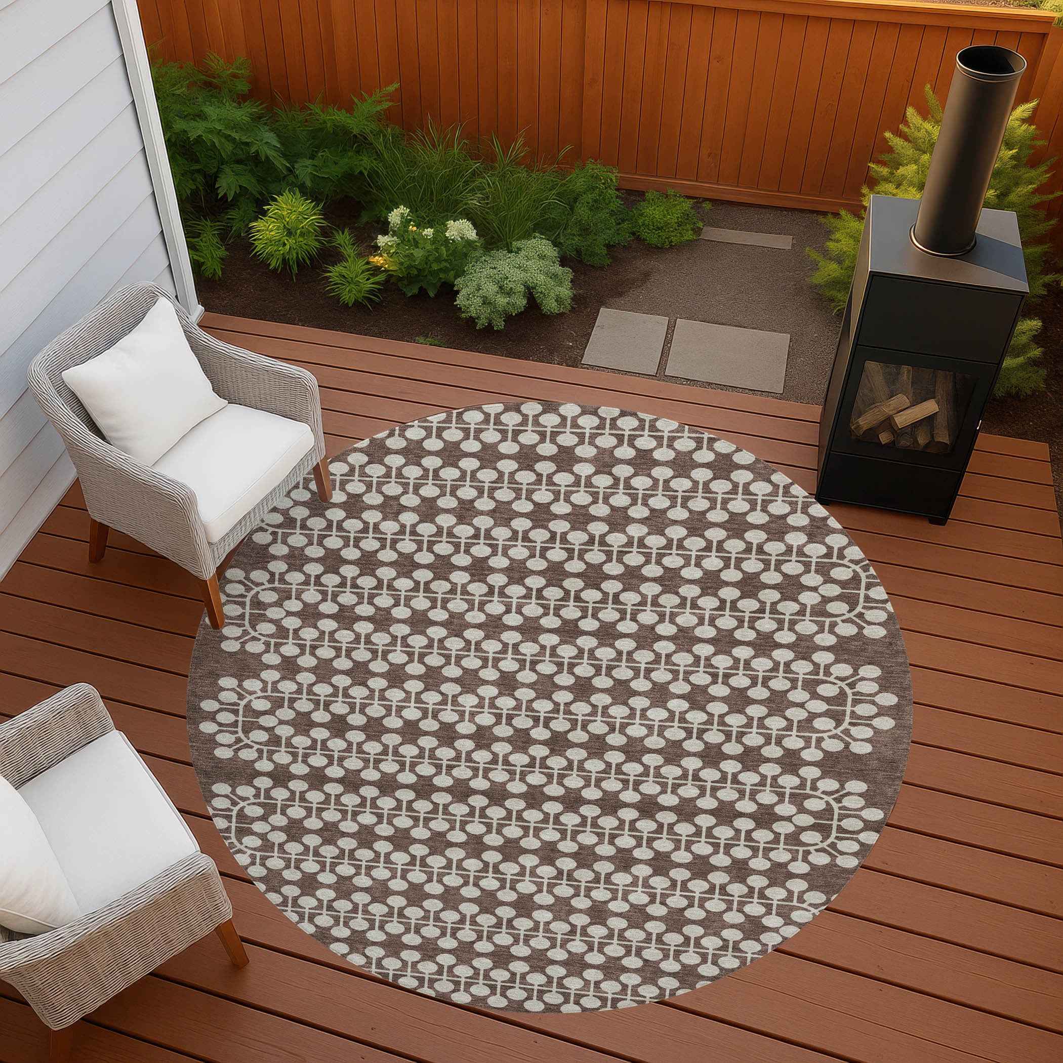 8' Brown And Ivory Round Geometric Washable Indoor Outdoor Area Rug