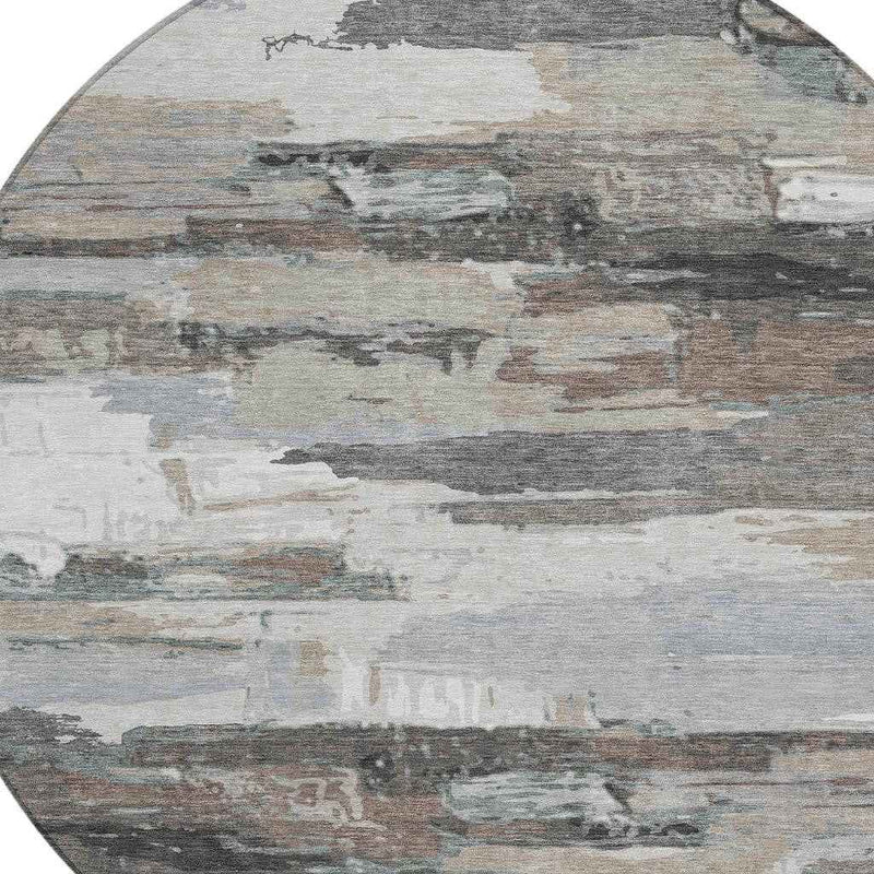 8' Taupe Gray And Silver Round Abstract Washable Indoor Outdoor Area Rug