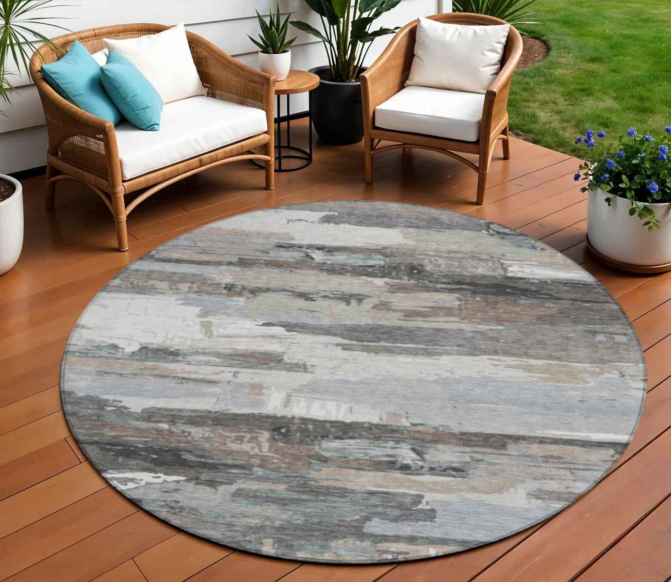 8' Taupe Gray And Silver Round Abstract Washable Indoor Outdoor Area Rug