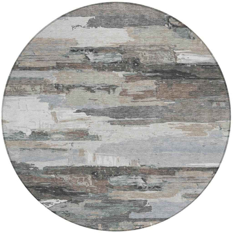 8' Taupe Gray And Silver Round Abstract Washable Indoor Outdoor Area Rug