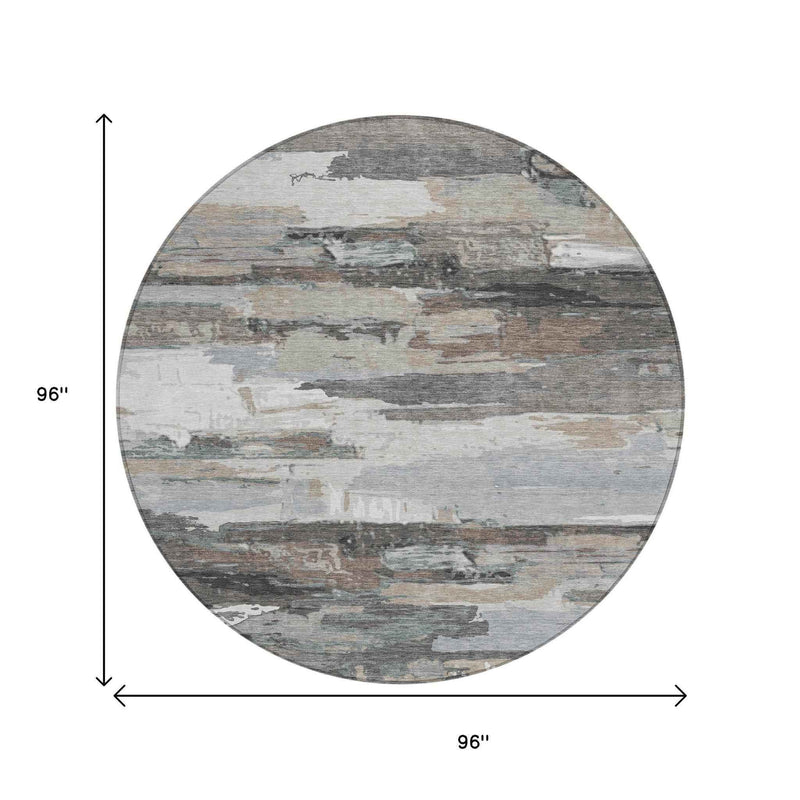 8' Taupe Gray And Silver Round Abstract Washable Indoor Outdoor Area Rug