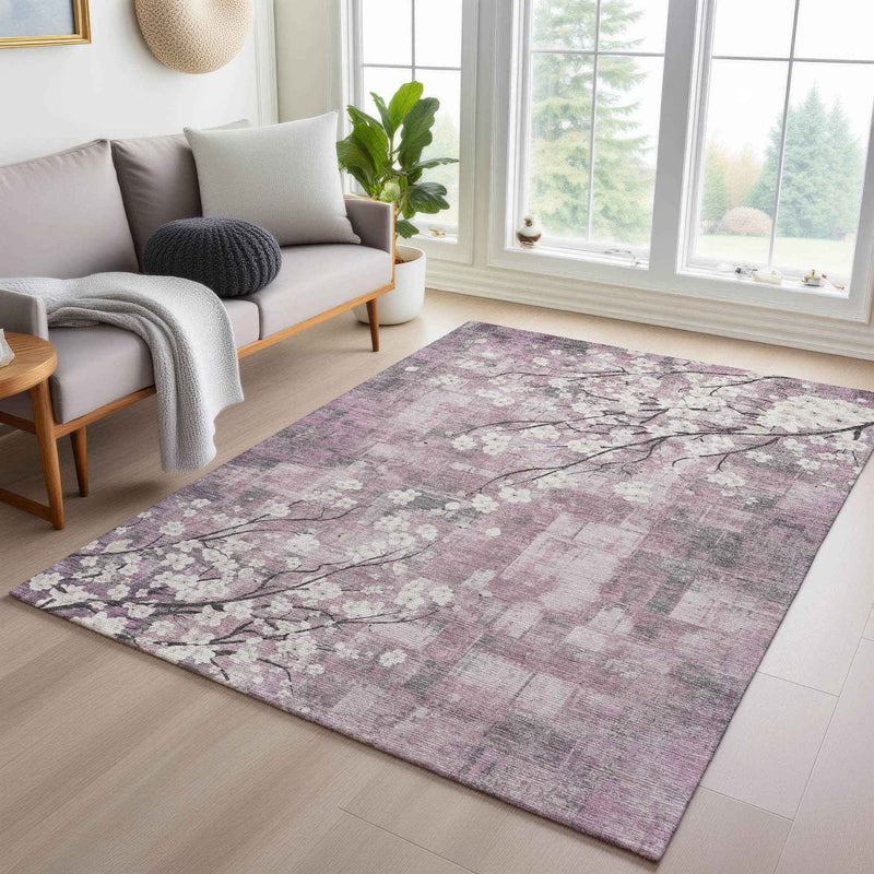 5' X 8' Blush Ivory And Gray Floral Washable Indoor Outdoor Area Rug