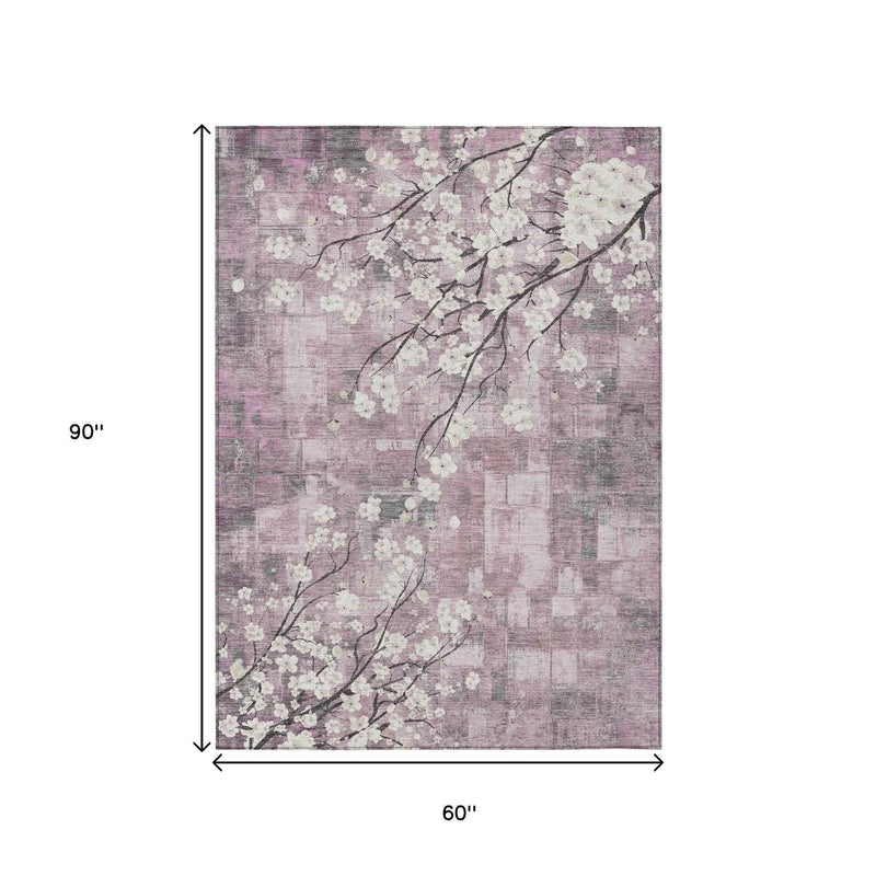 5' X 8' Blush Ivory And Gray Floral Washable Indoor Outdoor Area Rug