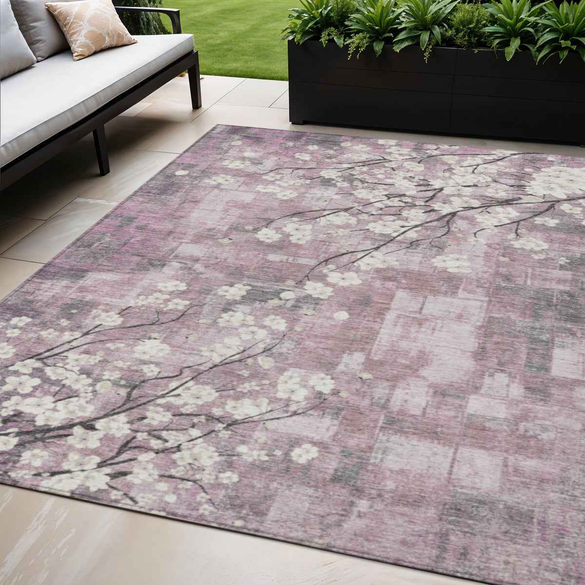 5' X 8' Blush Ivory And Gray Floral Washable Indoor Outdoor Area Rug
