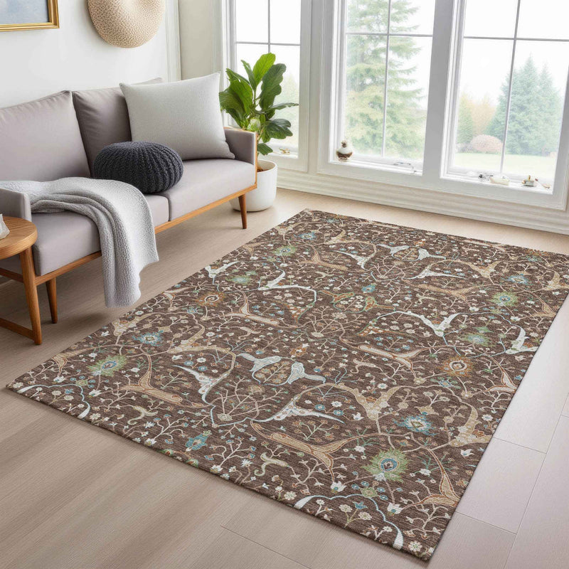 10' X 14' Brown Green And Ivory Floral Washable Indoor Outdoor Area Rug