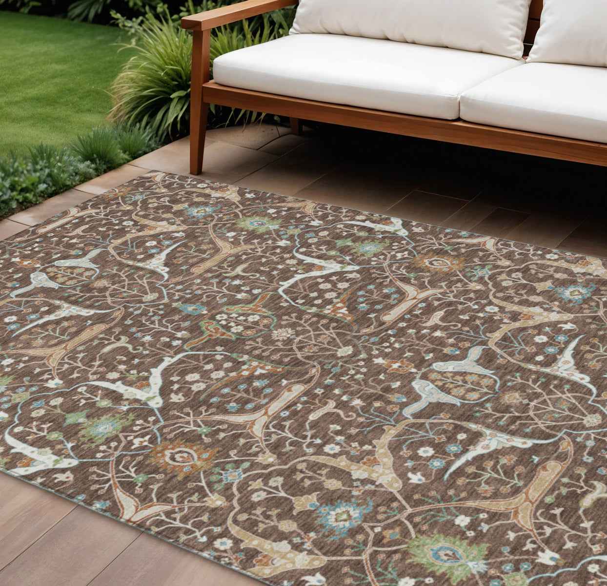 10' X 14' Brown Green And Ivory Floral Washable Indoor Outdoor Area Rug