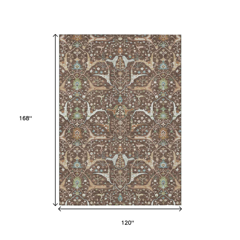 10' X 14' Brown Green And Ivory Floral Washable Indoor Outdoor Area Rug