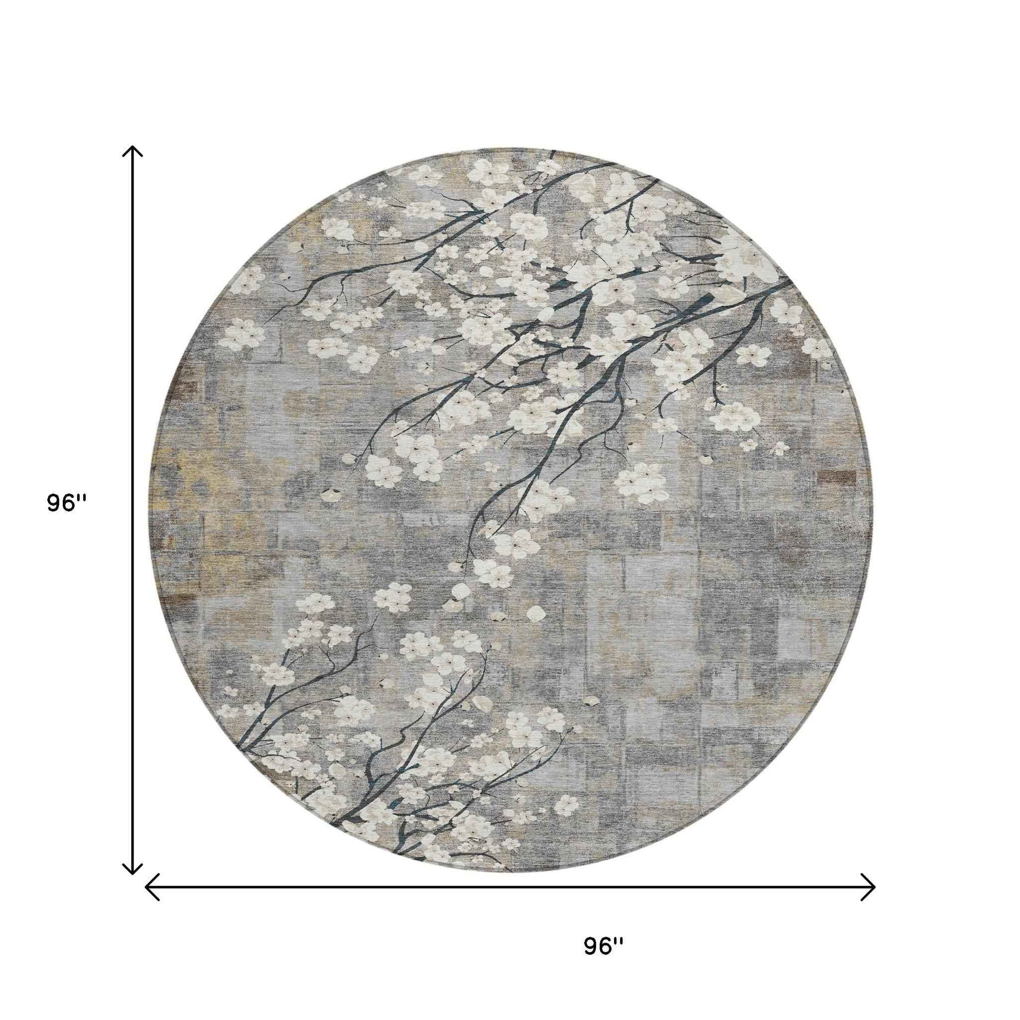 8' Gray Ivory And Silver Round Floral Washable Indoor Outdoor Area Rug