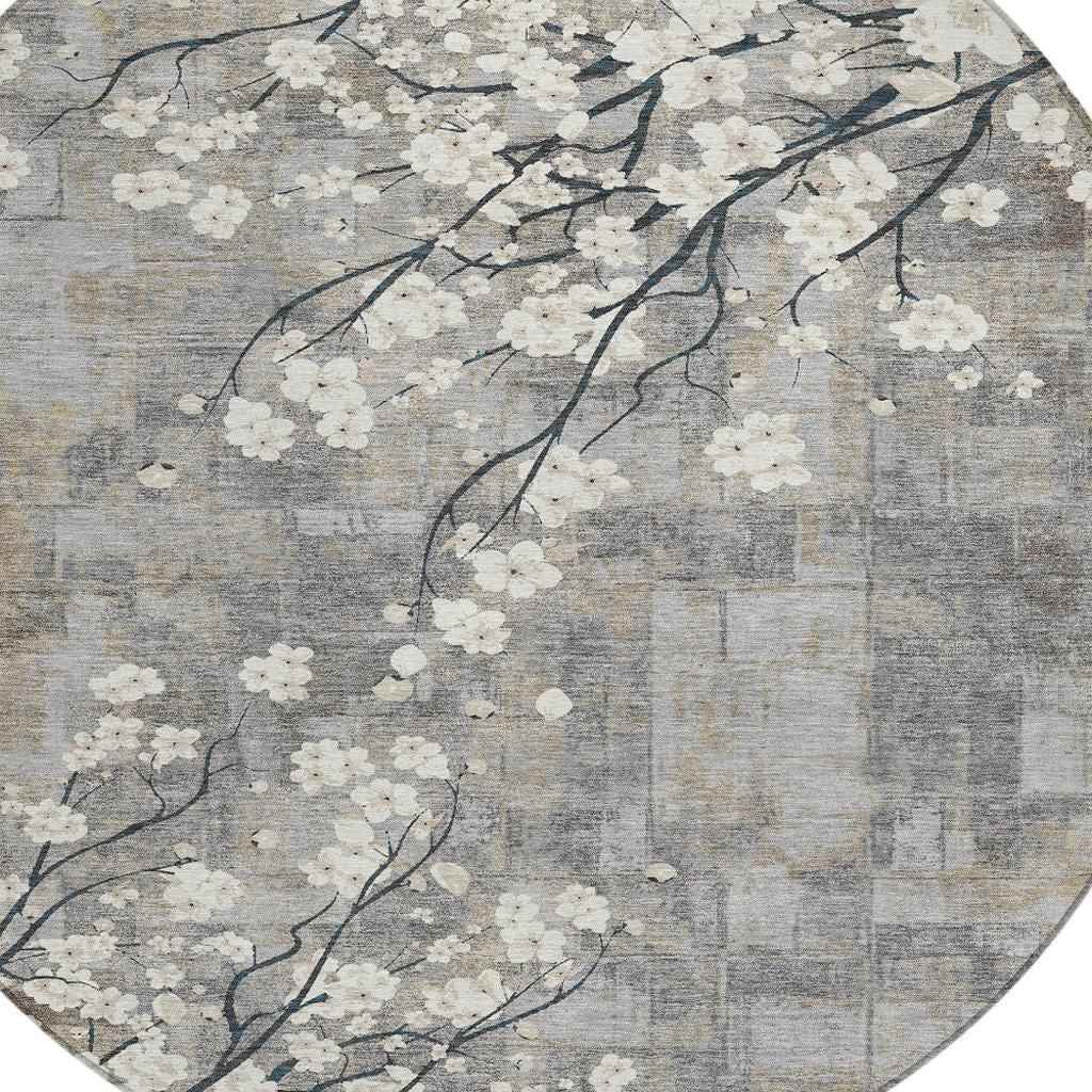 8' Gray Ivory And Silver Round Floral Washable Indoor Outdoor Area Rug