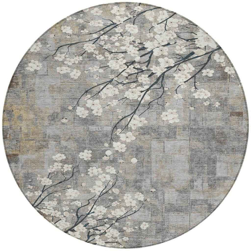 8' Gray Ivory And Silver Round Floral Washable Indoor Outdoor Area Rug