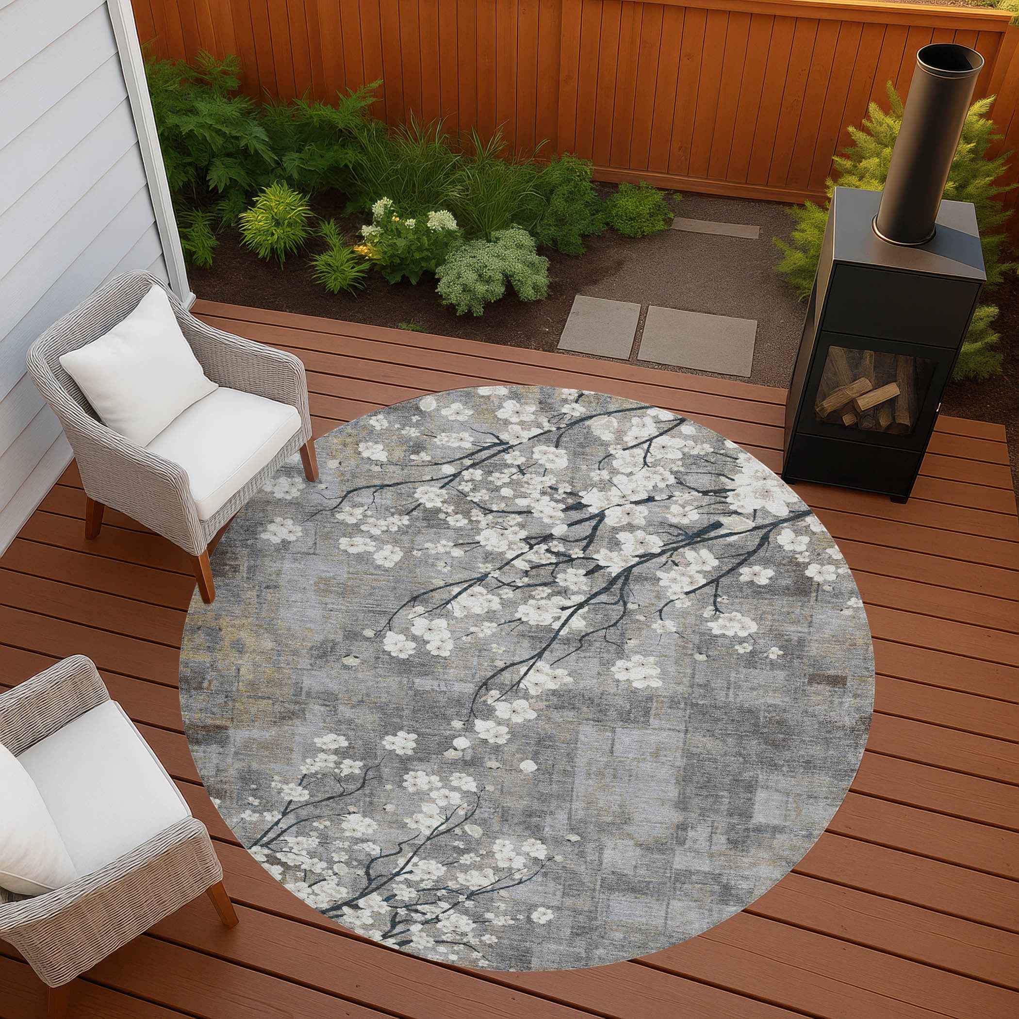 8' Gray Ivory And Silver Round Floral Washable Indoor Outdoor Area Rug