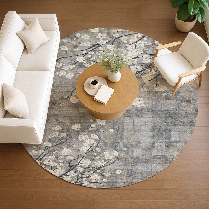 8' Gray Ivory And Silver Round Floral Washable Indoor Outdoor Area Rug