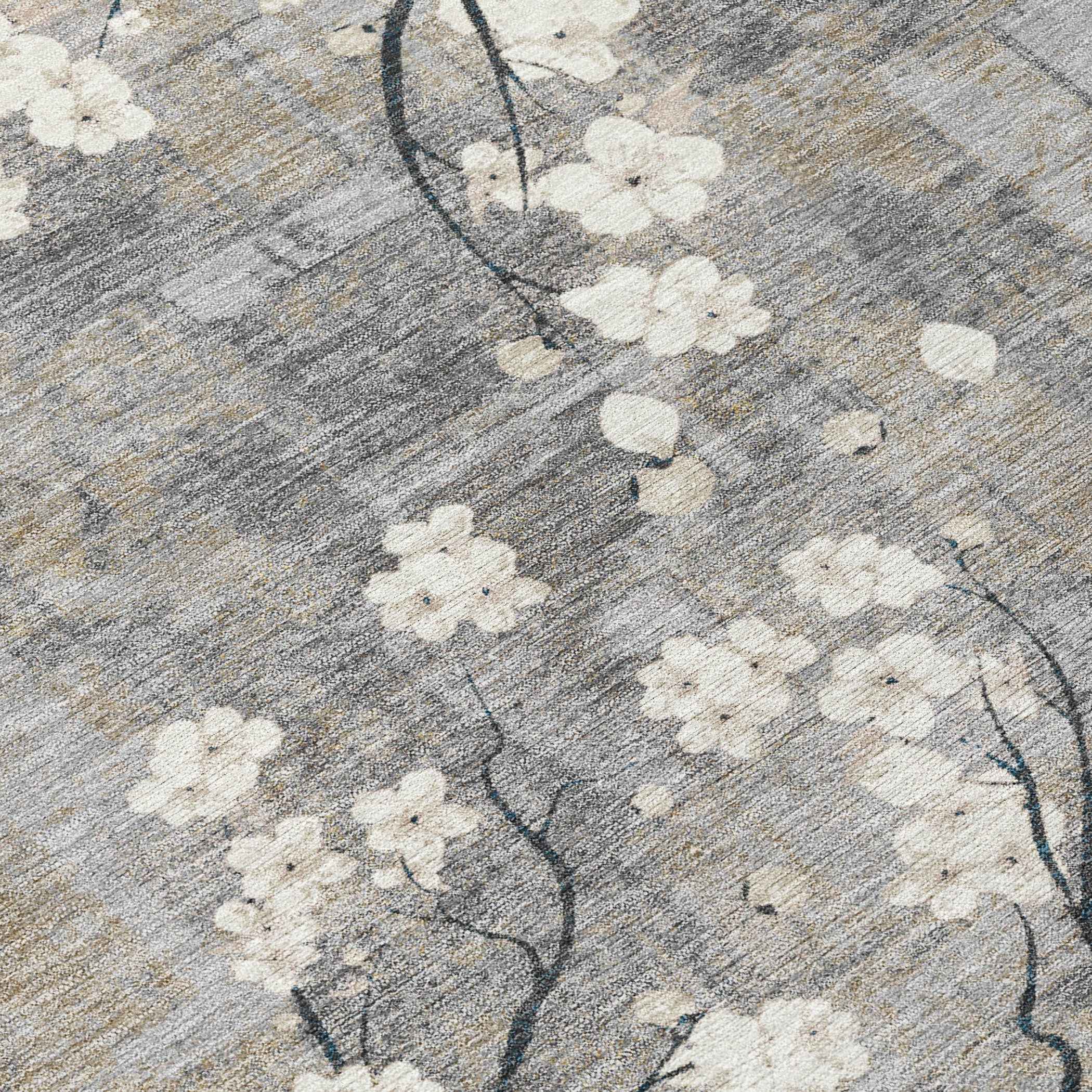 8' Gray Ivory And Silver Round Floral Washable Indoor Outdoor Area Rug