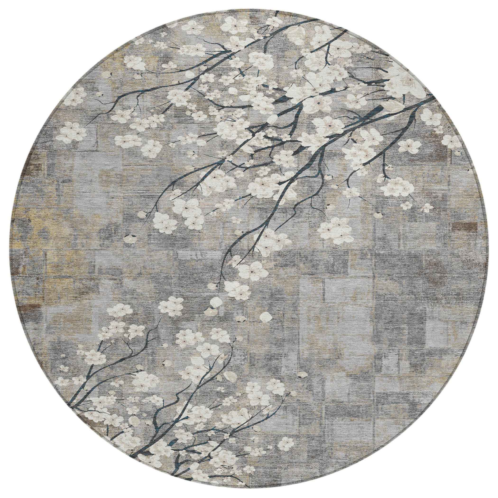 8' Gray Ivory And Silver Round Floral Washable Indoor Outdoor Area Rug