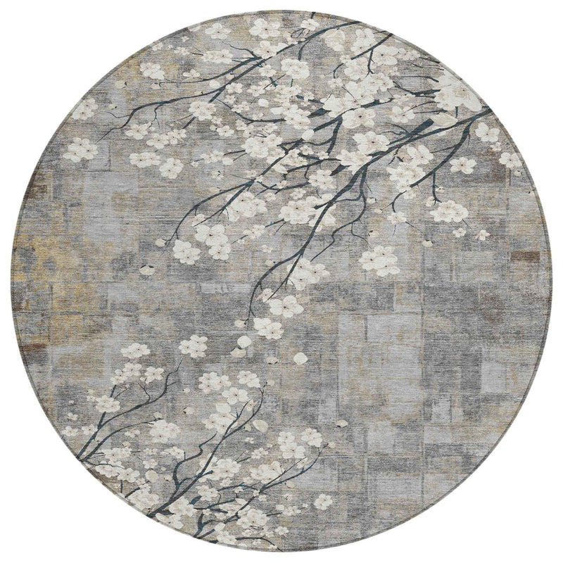 8' Gray Ivory And Silver Round Floral Washable Indoor Outdoor Area Rug