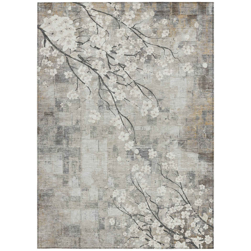 3' X 5' Beige Ivory And Gray Floral Washable Indoor Outdoor Area Rug
