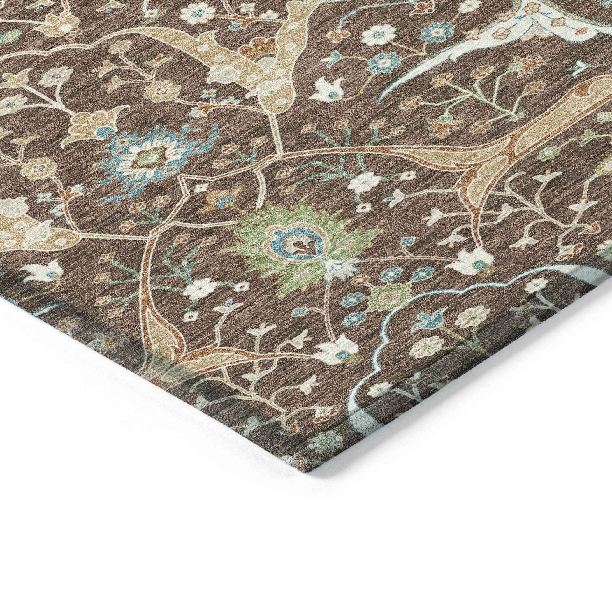 3' X 5' Brown Green And Ivory Floral Washable Indoor Outdoor Area Rug