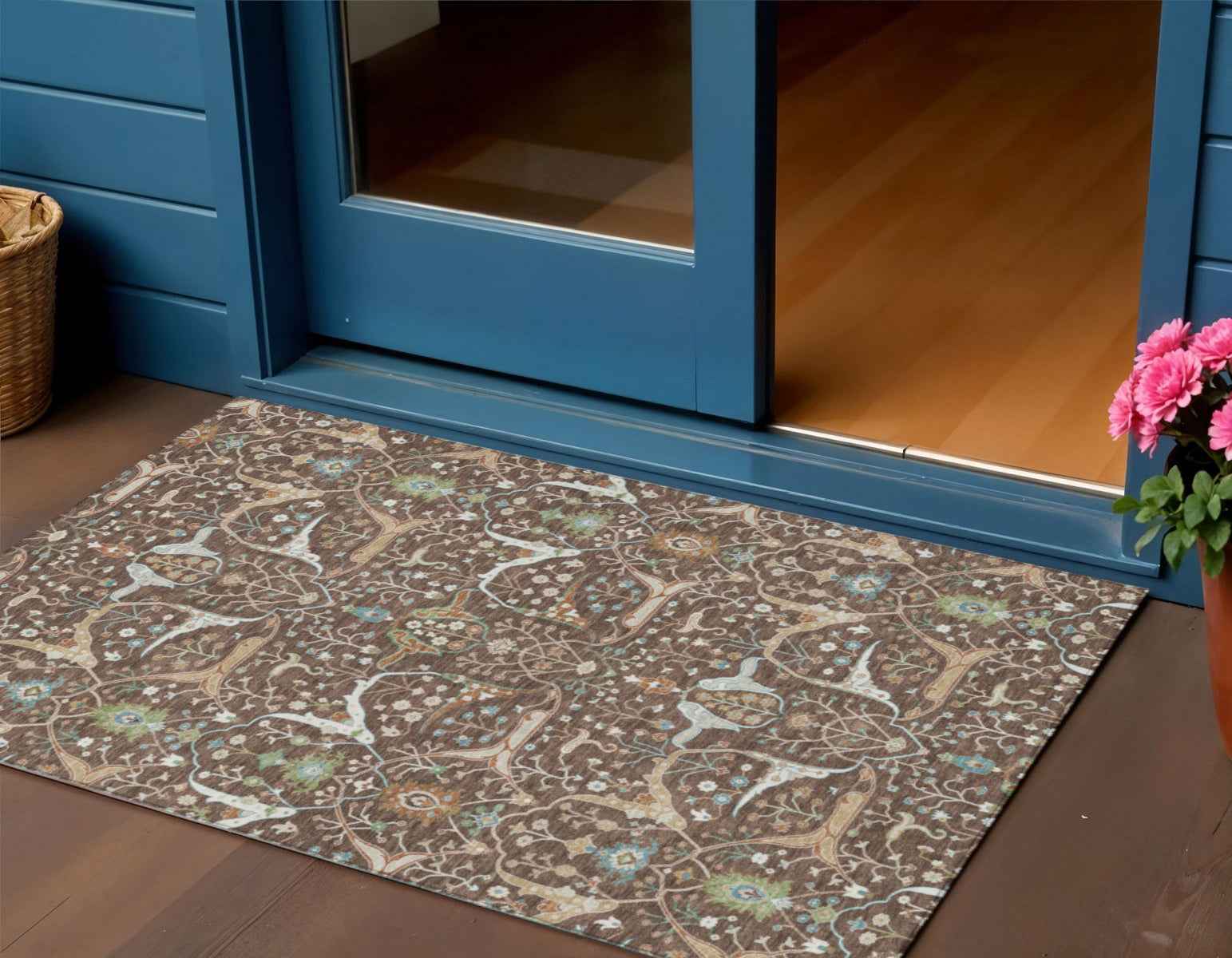 3' X 5' Brown Green And Ivory Floral Washable Indoor Outdoor Area Rug