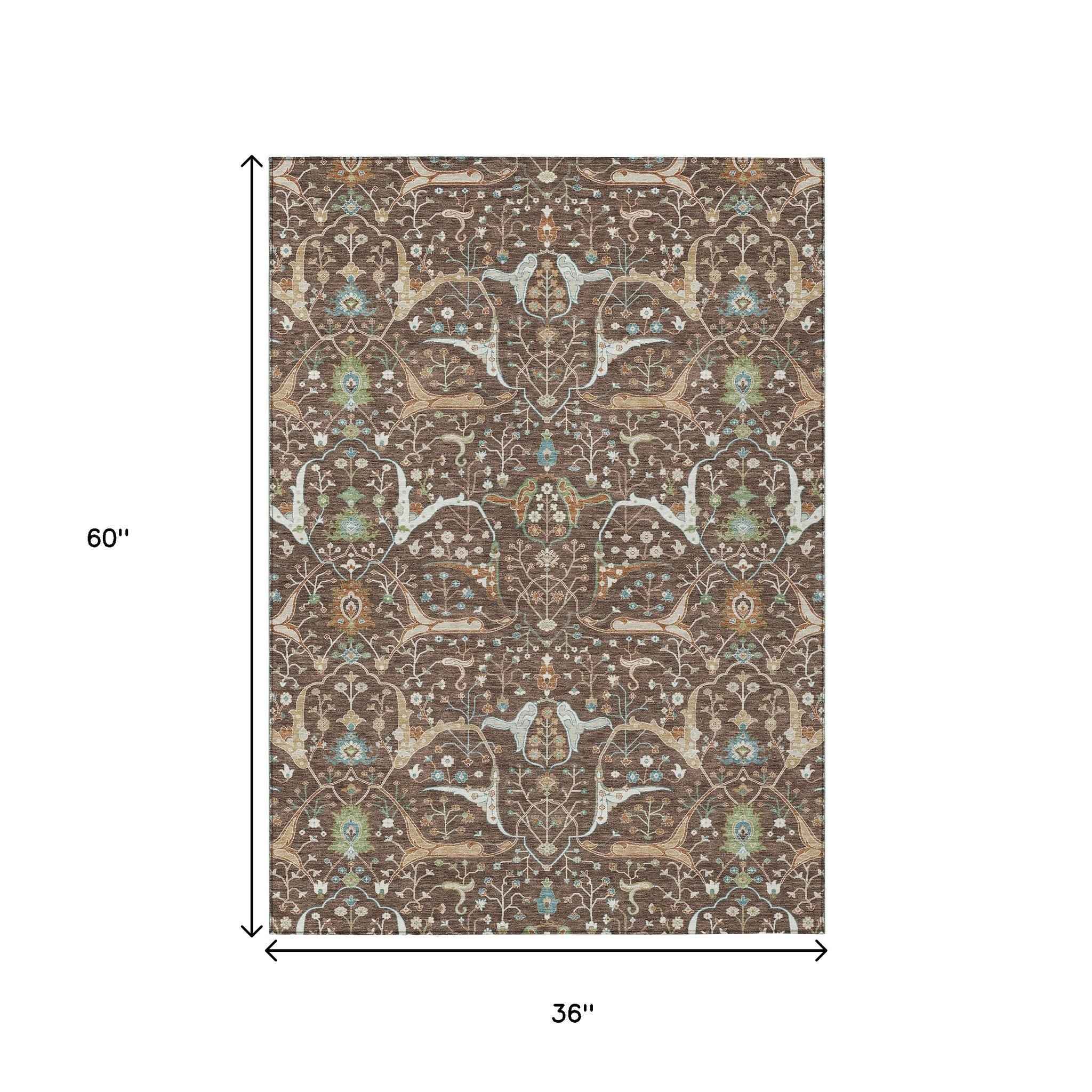 3' X 5' Brown Green And Ivory Floral Washable Indoor Outdoor Area Rug