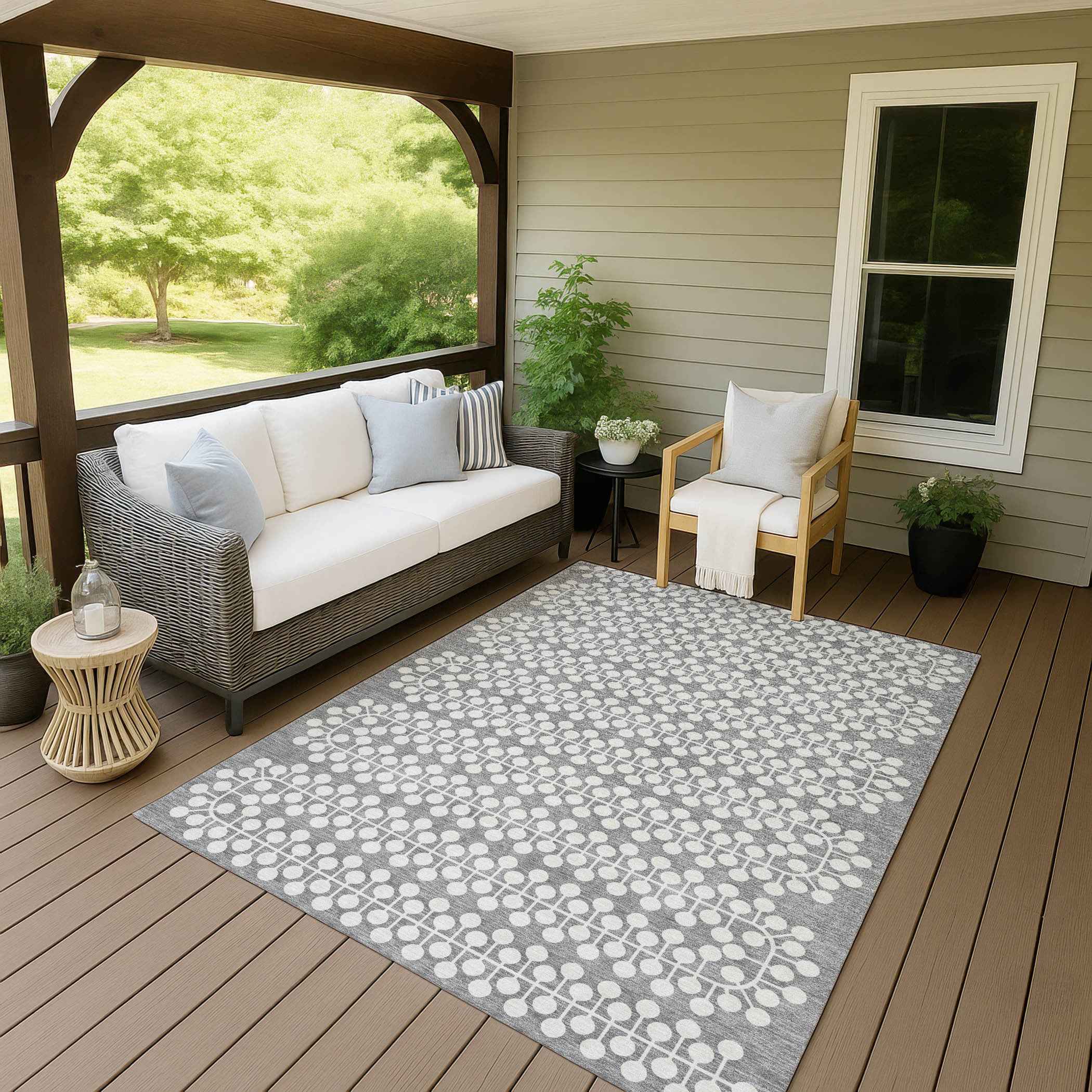 10' X 14' Gray And Ivory Geometric Washable Indoor Outdoor Area Rug