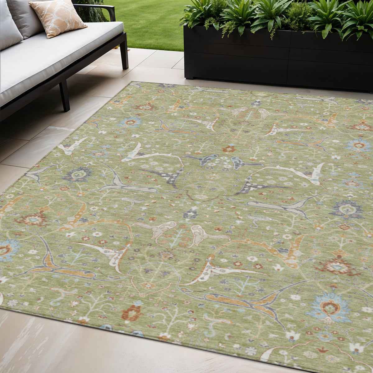 5' X 8' Artichoke Green And Sky Blue Floral Washable Indoor Outdoor Area Rug