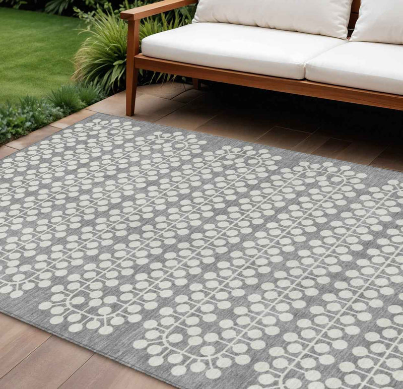 10' X 14' Gray And Ivory Geometric Washable Indoor Outdoor Area Rug