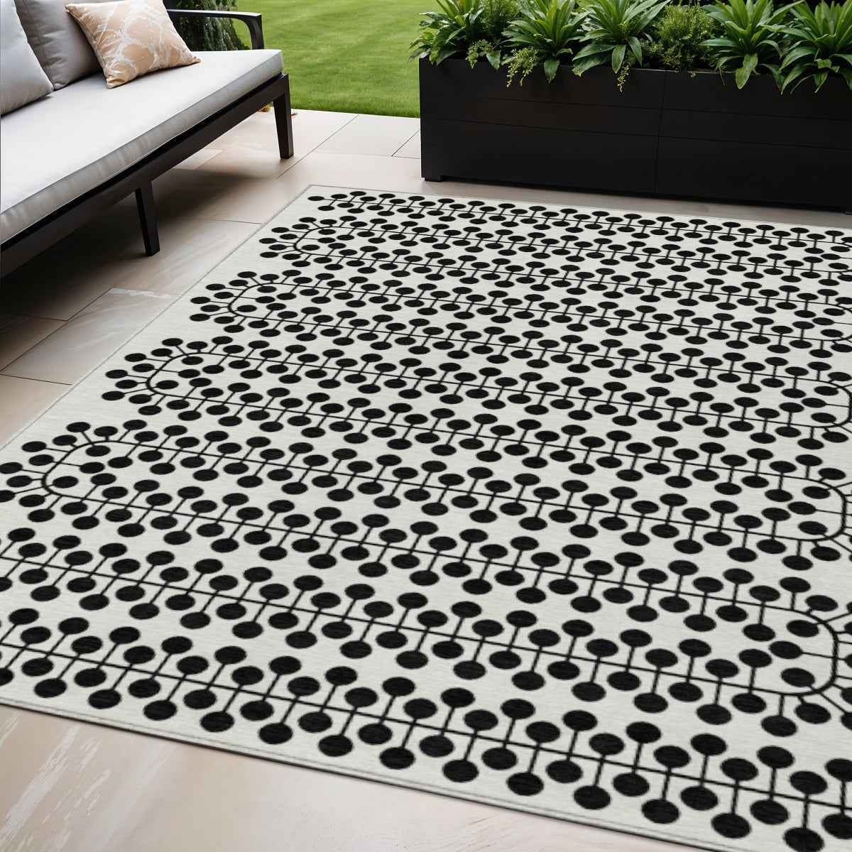 5' X 8' Ivory And Black Geometric Washable Indoor Outdoor Area Rug