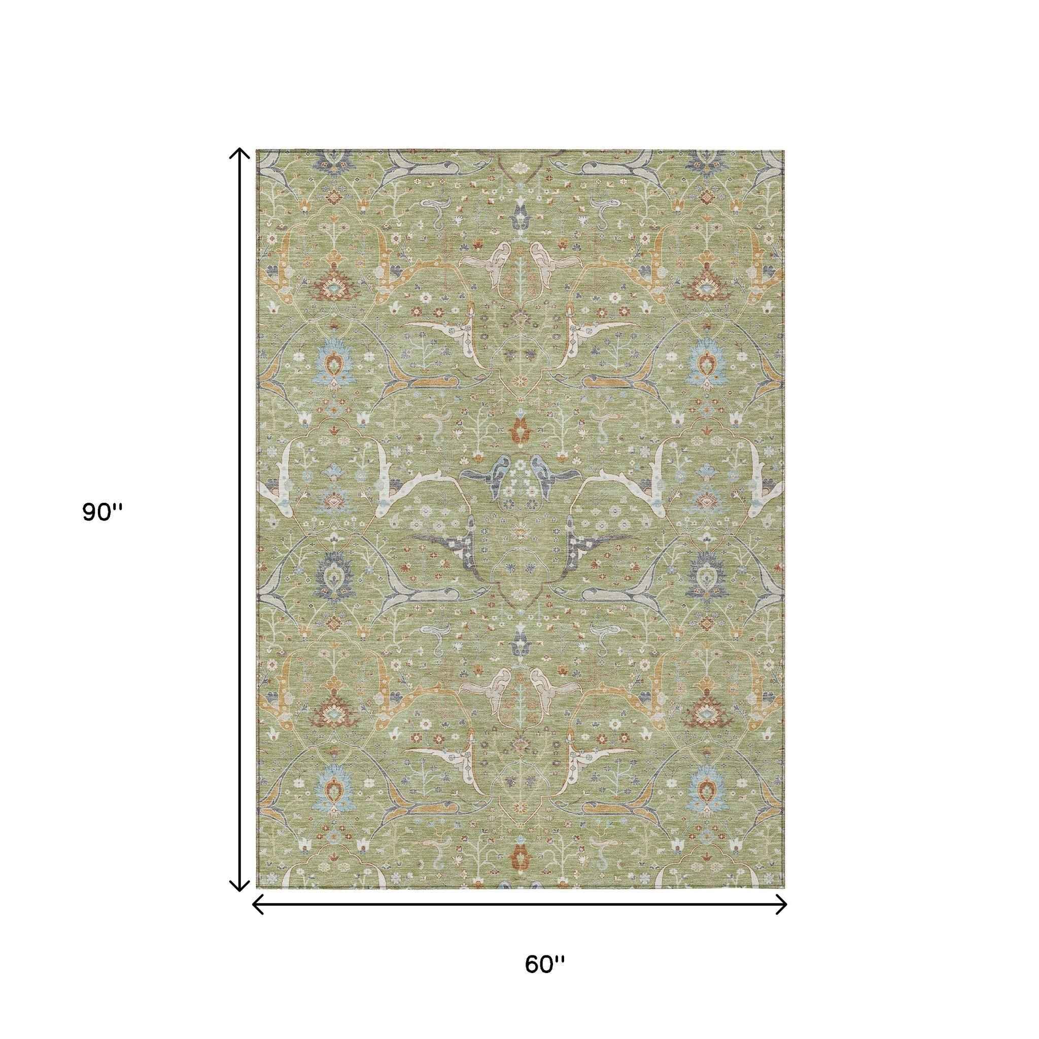 5' X 8' Artichoke Green And Sky Blue Floral Washable Indoor Outdoor Area Rug