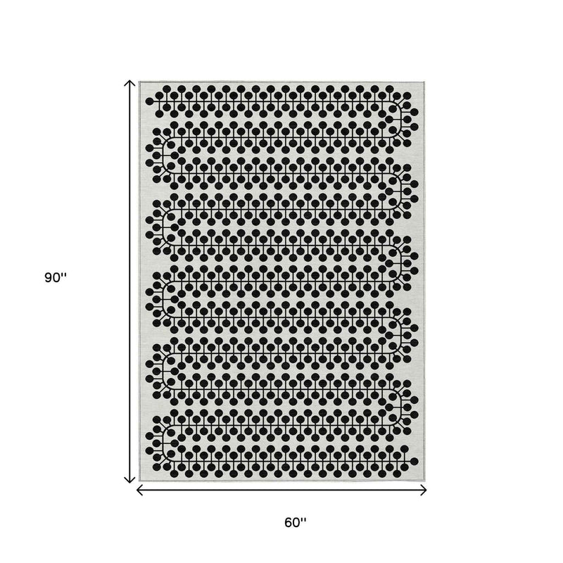 5' X 8' Ivory And Black Geometric Washable Indoor Outdoor Area Rug
