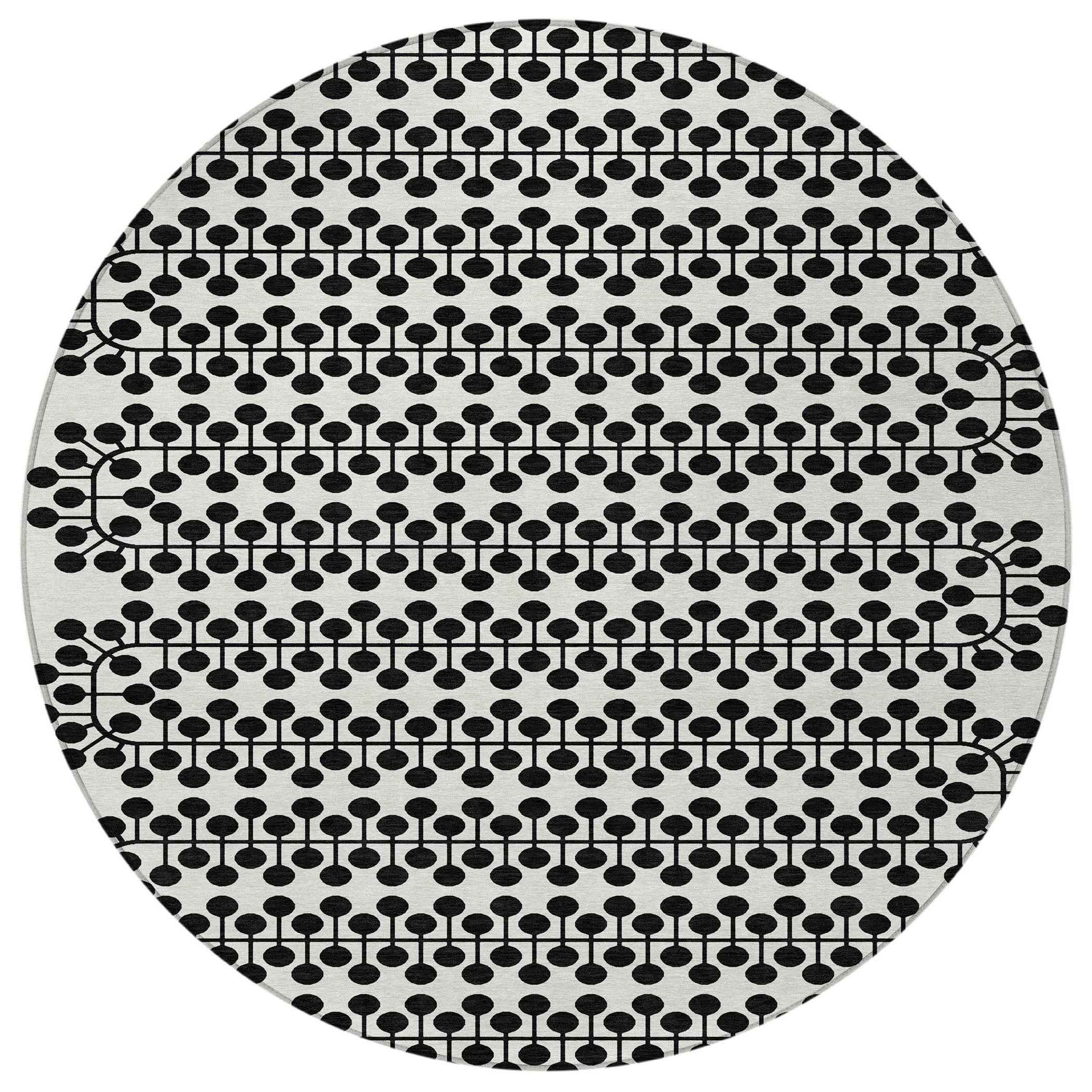 8' Ivory And Black Round Geometric Washable Indoor Outdoor Area Rug