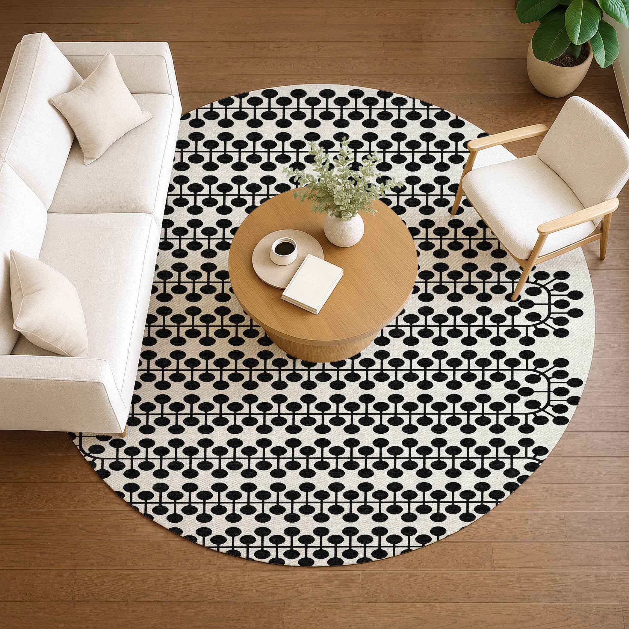 8' Ivory And Black Round Geometric Washable Indoor Outdoor Area Rug