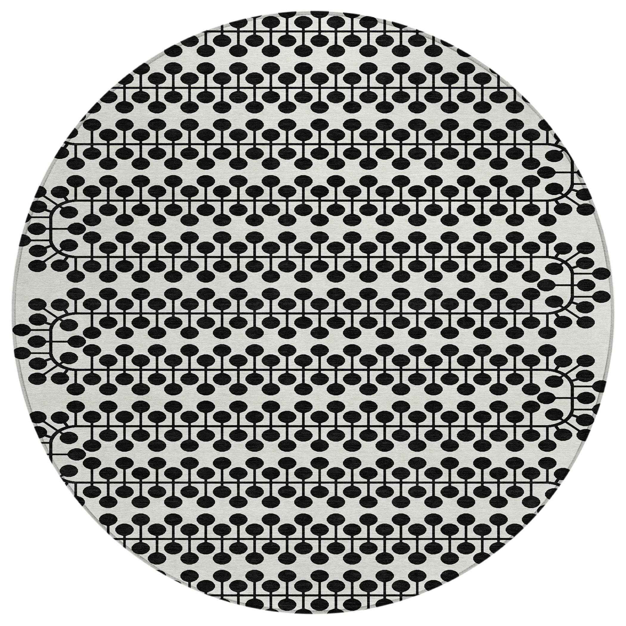 8' Ivory And Black Round Geometric Washable Indoor Outdoor Area Rug