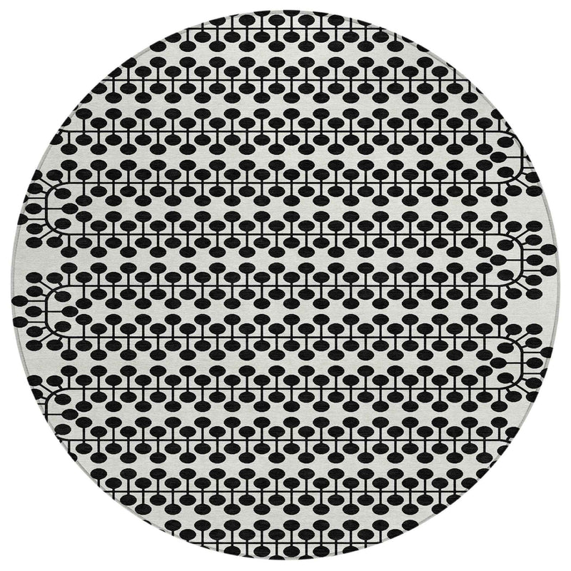 8' Ivory And Black Round Geometric Washable Indoor Outdoor Area Rug