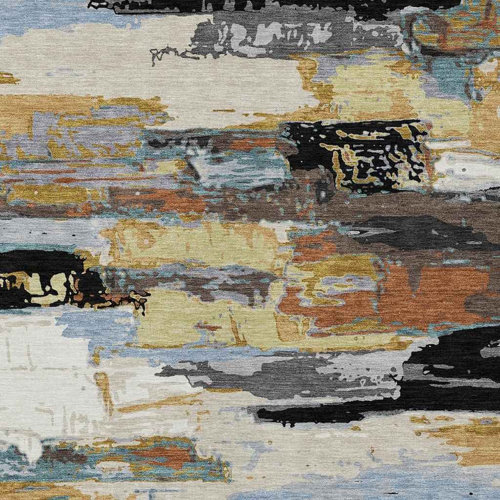 3' X 5' Black Gold And Blue Abstract Washable Indoor Outdoor Area Rug