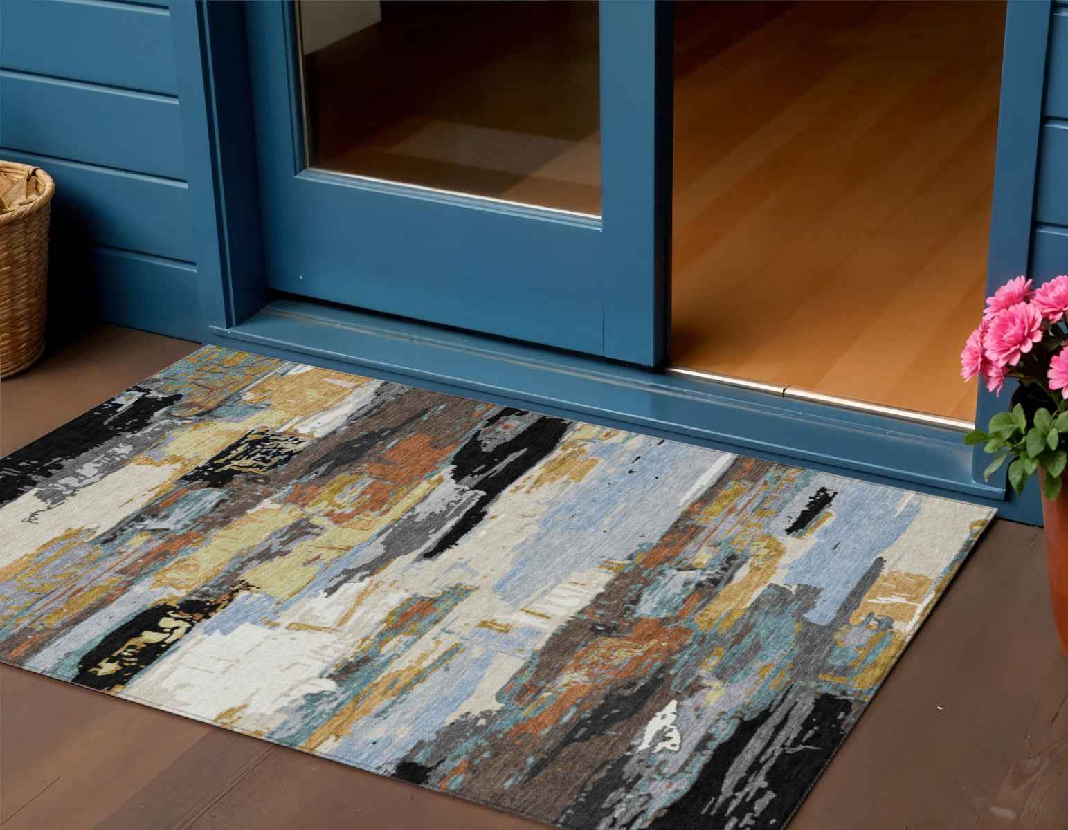 3' X 5' Black Gold And Blue Abstract Washable Indoor Outdoor Area Rug