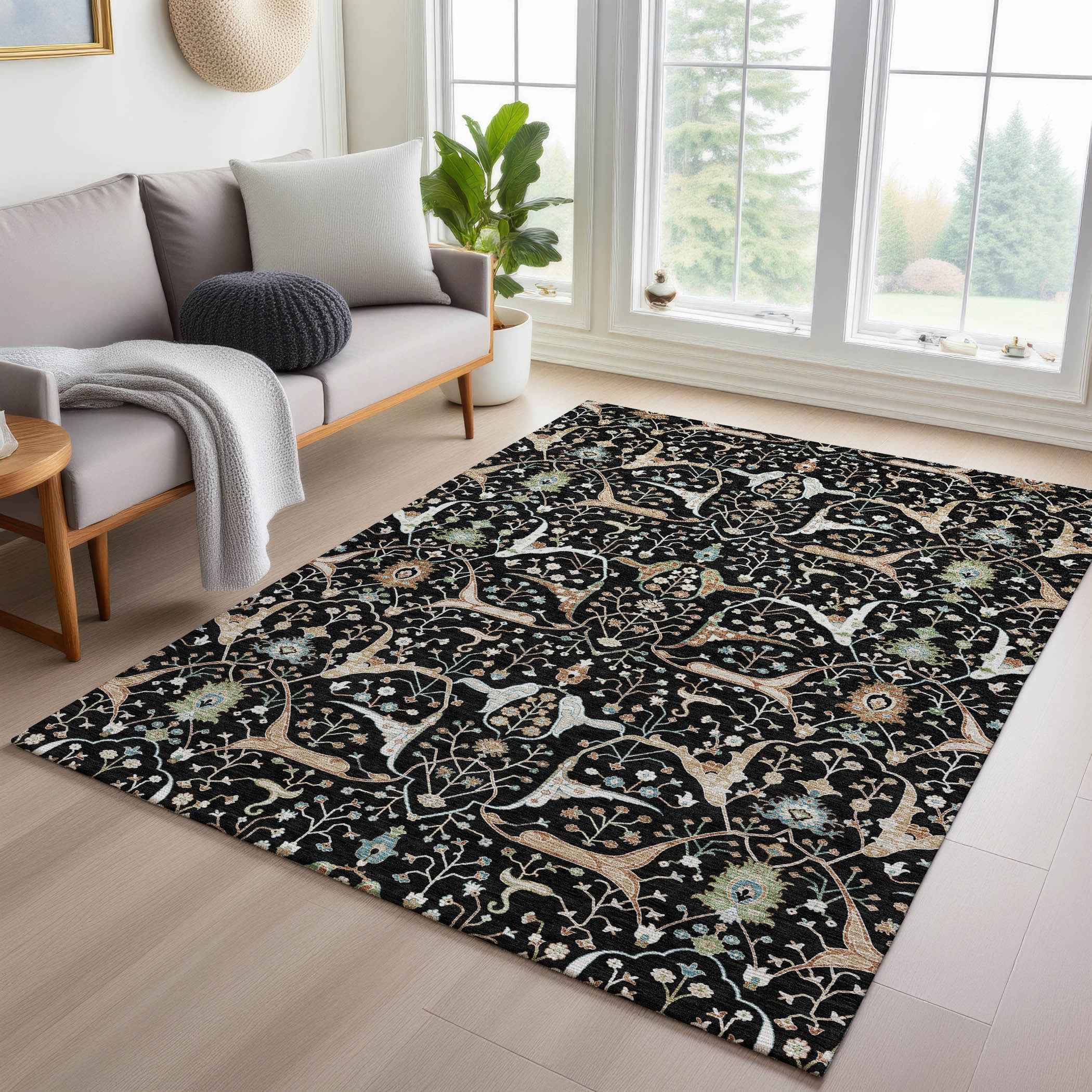 9' X 12' Black Ivory And Green Floral Washable Indoor Outdoor Area Rug