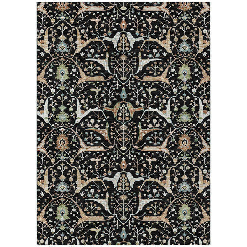 9' X 12' Black Ivory And Green Floral Washable Indoor Outdoor Area Rug
