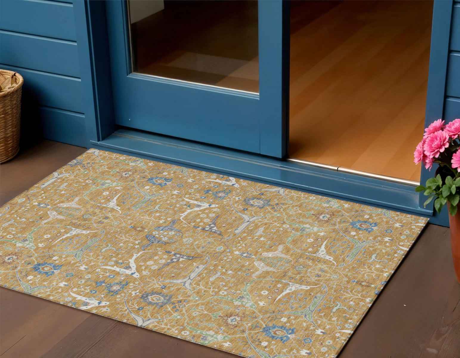 3' X 5' Gold And Blue Floral Washable Indoor Outdoor Area Rug