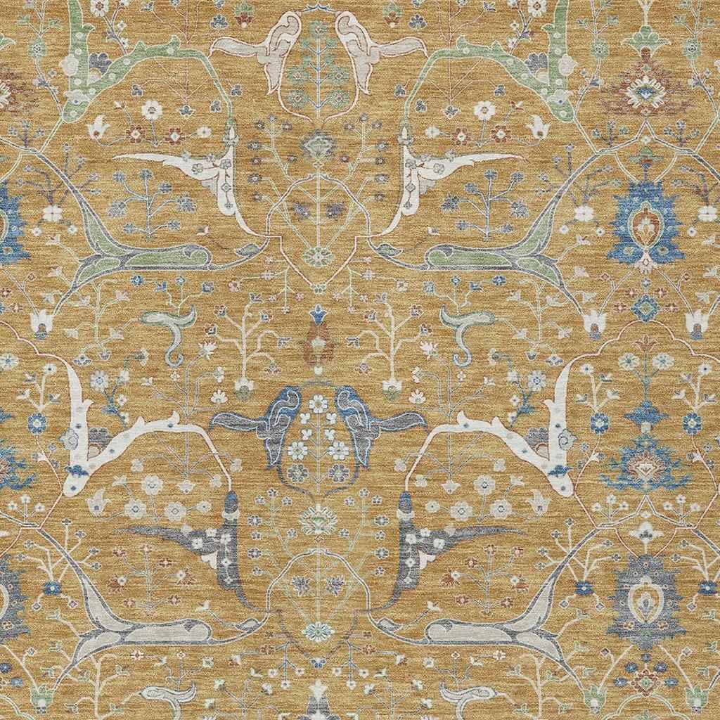 3' X 5' Gold And Blue Floral Washable Indoor Outdoor Area Rug